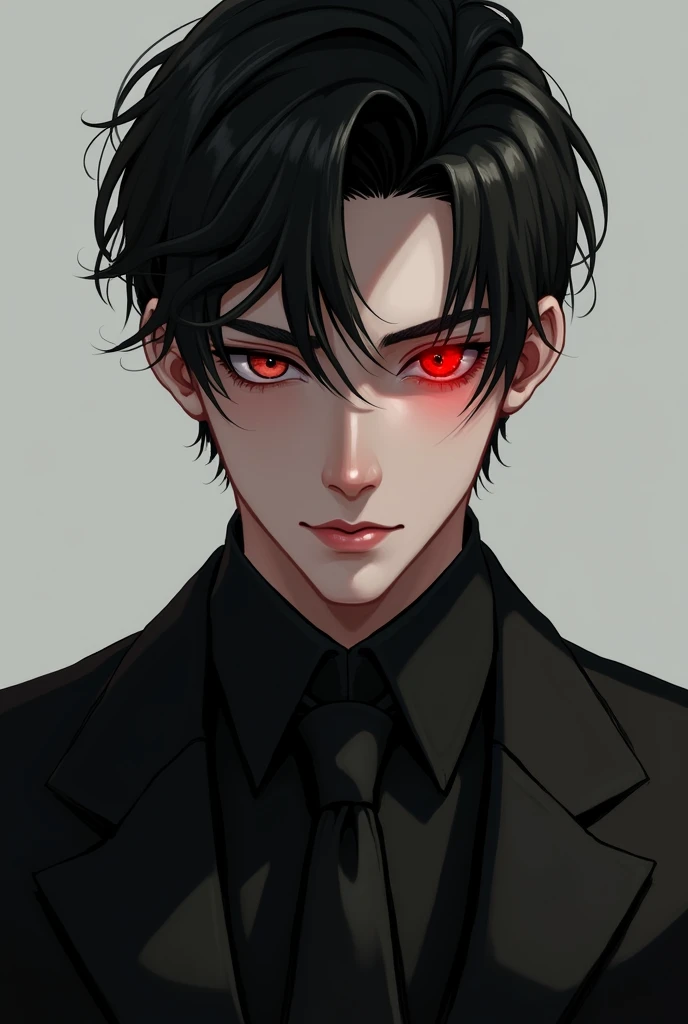 Make a male character who is young, with red left eye and black pupil, dressed in a black suit 