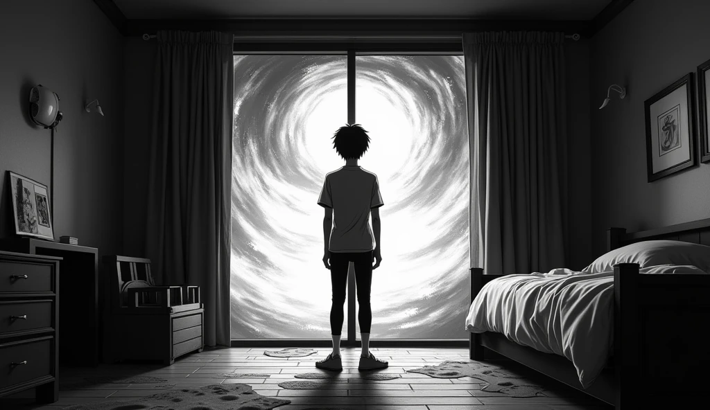 an anime-style black and white image of a character standing in the center of his room watching an anxiety storm come through the window. an extremely immersive image full of detail and high contrast