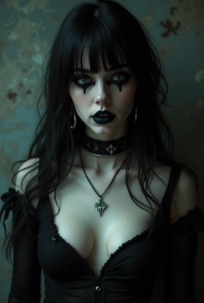 A goth girl with bangs and clown makeup showing her boobs