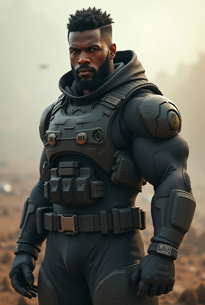 A soldier man, black skin, Bblack hair, eyes browns, 3d soldier outfit