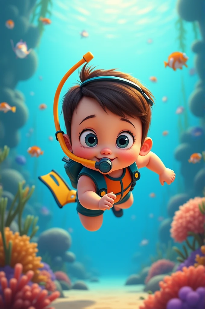 Disney Pixar poster, baby boy, with dark brown hair parted on the side, gray-green eyes, diving with scuba diving apparatus, full body image.