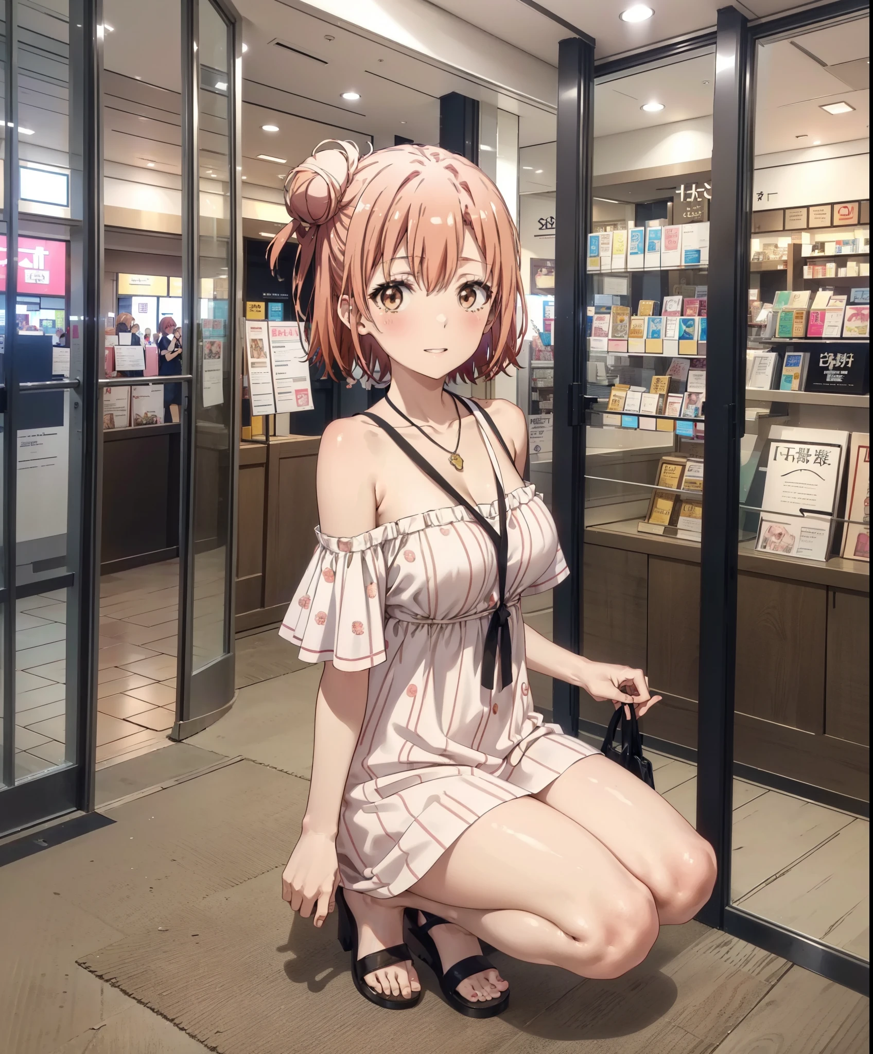 yuiyuigahama, yui yuigahama, short hair, (Brown eyes:1.5), (Pink Hair:1.2), Hair Bun, single Hair Bun,Big Breasts,smile,blush,Open your mouth,Off-the-shoulder dress,Exposing shoulders,bare clavicle,Bare neck,Rocket Pendant,mini skirt,barefoot,Cute heeled sandals,Daytime,sunny,walk,whole bodyがイラストに入るように,
break indoors,Shopping mall,
break looking at viewer, whole body,
break (masterpiece:1.2), Highest quality, High resolution, unity 8k wallpaper, (shape:0.8), (Beautiful attention to detail:1.6), Highly detailed face, Perfect lighting, Extremely detailed CG, (Perfect hands, Perfect Anatomy),