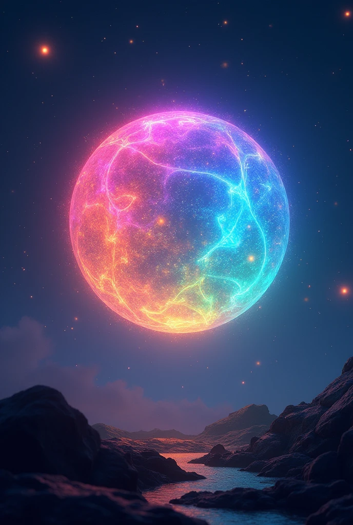 a rainbow-colored sphere of light in the night sky
