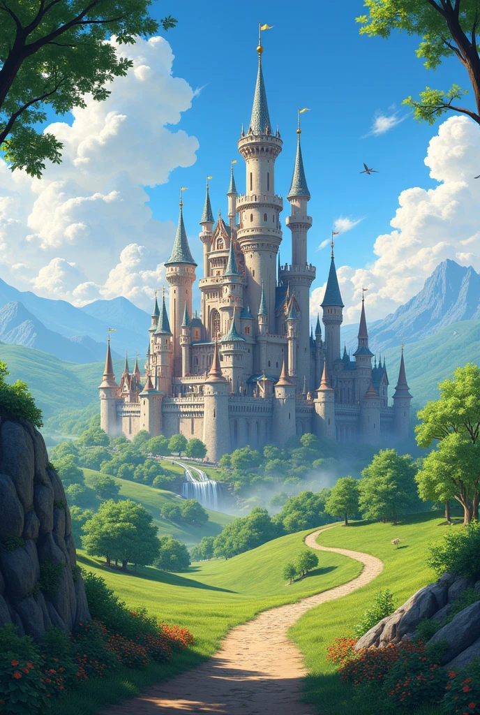 "Create an image of a majestic medieval kingdom on a sunny day. The focus should be on a large castle with tall, imposing towers, surrounded by lush green landscape and gentle hills. Add some fluffy clouds to the blue sky for a touch of realism."

