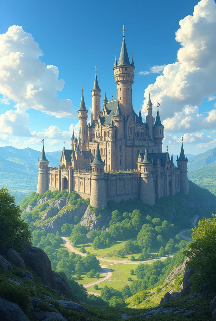 "Create an image of a majestic medieval kingdom on a sunny day. The focus should be on a large castle with tall, imposing towers, surrounded by lush green landscape and gentle hills. Add some fluffy clouds to the blue sky for a touch of realism."