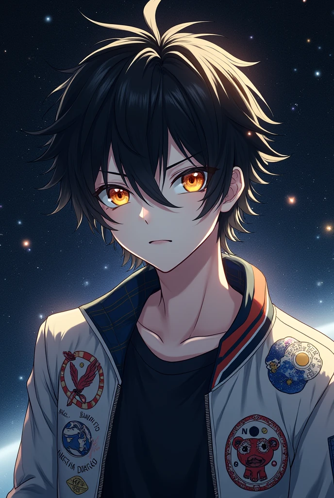 anime boy with black hair, white skin, and space theme jacket black void with stars, golden eyes, black shirt