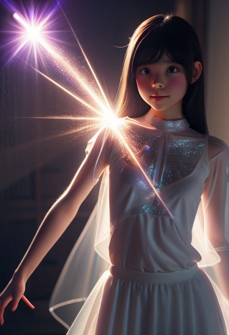 A magical girl appears from the light、Transformation effect、Thin, see-through clothing、Wide-angle shot, Sparkle Effect, Concept Art, reflected light,