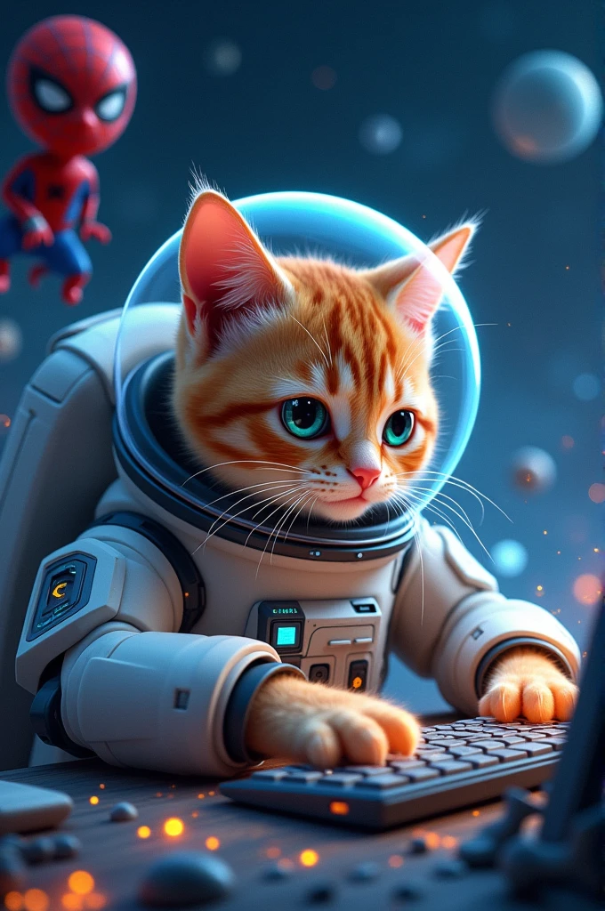 A cat programming in an astronaut suit with Spider-Man