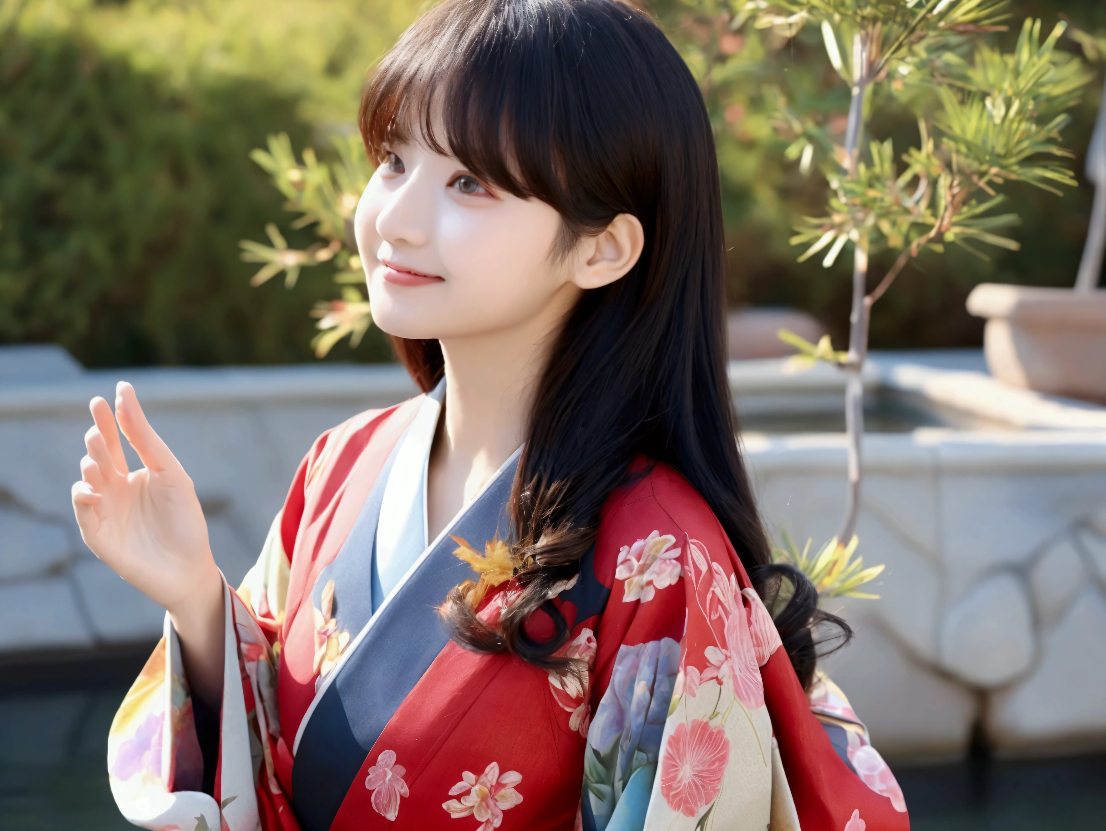 Red base, Stretch your hands up, Cute crying face, Laughs and Tears, 最high quality、high quality、Best image quality、8k、最High resolution、High resolution、temple, Realistic photos, Healthy body, Beautiful Eyes, Flowing black hair, Colorful kimono, Calm expression, Soft lighting, Traditional Japanese art style, Vibrant colors, Peaceful atmosphere, Delicate features, Graceful posture, Beautiful Landscape