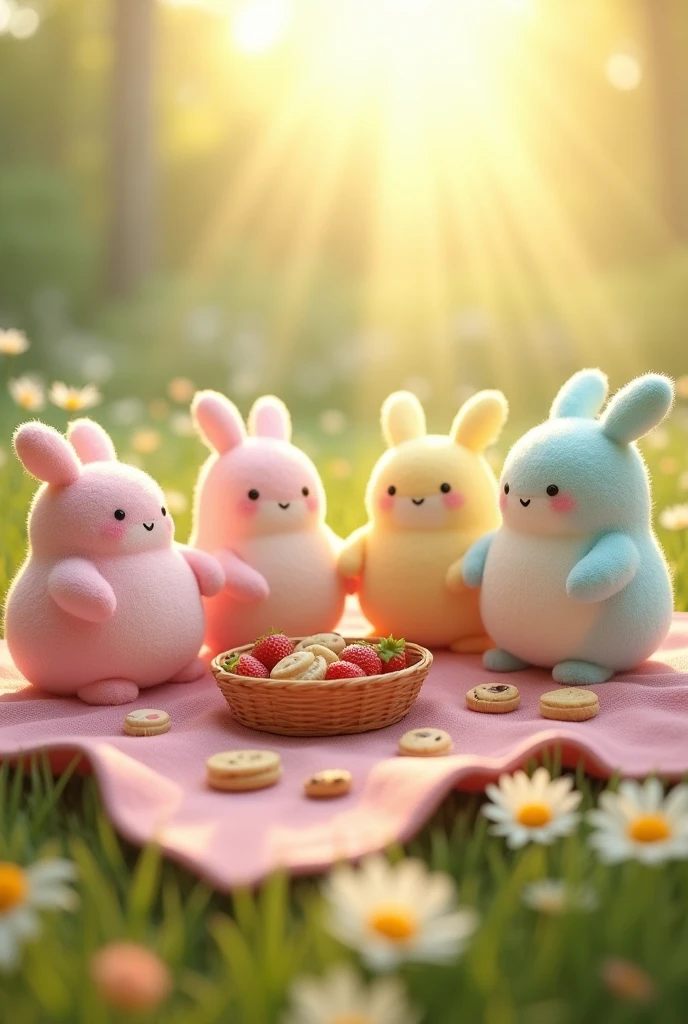 A group of cute and adorable plump, marshmallow creatures with sticky legs and tiny, smiling faces are gathered around a tiny picnic blanket. Each marshmallow has a different pastel color—pink, blue, yellow, and mint green. They are sharing a tiny basket of equally cute snacks like tiny strawberries and miniature cookies. The setting is a cozy, sunlit meadow with tall, soft grass and a few scattered daisies. The lighting is warm and golden, creating a soft glow around the creatures. The mood is peaceful and heartwarming, making viewers feel like they’re witnessing a sweet, simple gathering of friends.