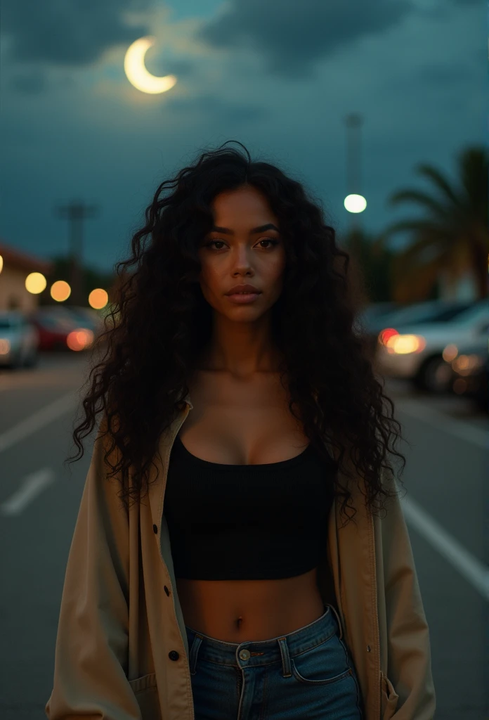 there is a woman with long hair standing in a parking lot, 30-year-old woman from cuba, sza, gorgeous woman, sexy black woman walks past them, doja cat, long black curly hair, ☁🌪🌙👩🏾, she is wearing a black tank top and beige crop top jacket , long curvy black hair, black long curly hair, young black woman, milf