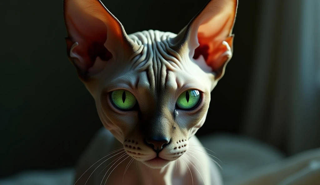 A hyper-realistic portrait of a Sphynx cat with striking green eyes, staring directly into the camera. The eyes are the central focus, with detailed reflections and deep color contrasts that give them a hypnotic quality. The surrounding skin is smooth with fine wrinkles, and the cat’s expression is calm and mysterious. The lighting highlights the eyes, making them stand out against the softly blurred background, photorealista, 8K, (melhor qualidade,4K,8K,alta resolução.