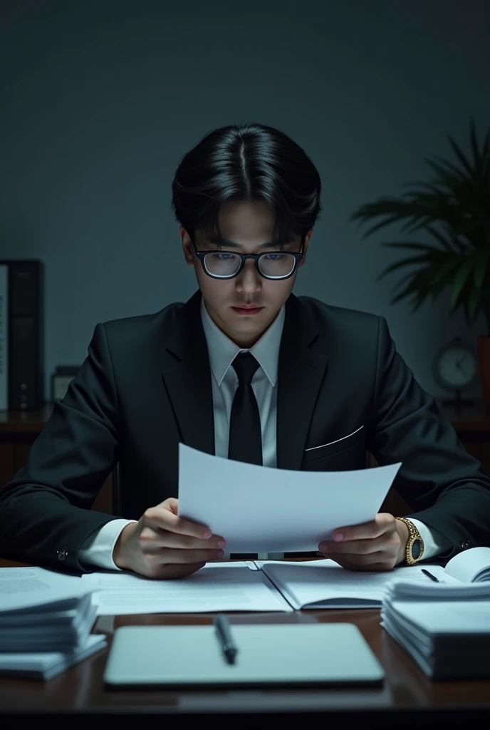 BTS&#39;s Jeon Jungkook a  older, in a dark office, with glasses and paperwork on the table, he is holding some paperwork in his hands 