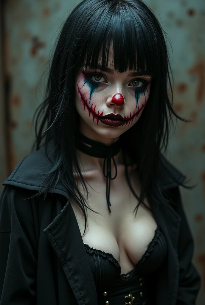 A goth girl with bangs and clown makeup with her breasts out