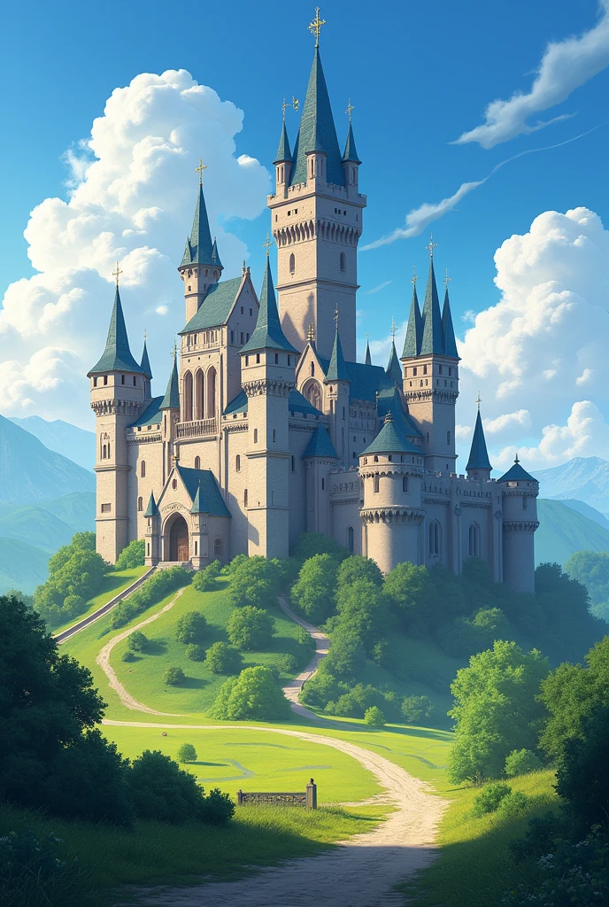 "Create an image of a majestic medieval kingdom on a sunny day. The focus should be on a large castle with tall, imposing towers, surrounded by lush green landscape and gentle hills. Add some fluffy clouds to the blue sky for a touch of realism."
image horizontally