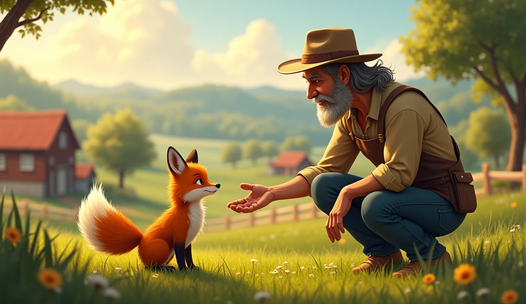 Farmer talking to little fox on the farm