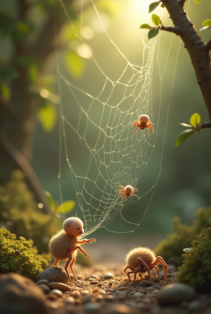 Generate a collection of images. That the characters always appear the same, that they do not change their appearance and that they are VERY tender.
Image 1: A small spider appears weaving its web.
Image 2: The same spider appears weaving but among twigs and little stones appear above the spider webs, weighing it down., Around her is her family of spiders looking at her with an angry face and it is clear that she is being scolded for weaving badly..
Image 3: It shows the little spider with a web that is different from the other spiders..
Image 4: It shows how a new spider appears and the previous spider is watching it from behind., The new spider creating a web just like its own with stones in the center.
Image 5: Both spiders meet, la escena tiene que ser similar a la de la Image 4, the same place, The only thing you put together and the new spider is very happy to know that the other spider created webs like its own.
Image 6: It shows the main spider creating various different types of webs..
Image 7: shows the spider studying about the different types of webs and measuring its webs.
Image 8: Create all the spiders together and happy by weaving together and in the same way.