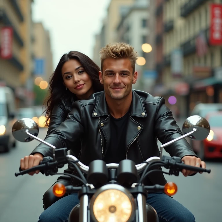 realistic photo of a handsome man carrin in his moto a (pretty girl, 20 years old, brunette, black eyes) at street across city, (full lips) , ((perfect face)), [[mild smile]], proportionate body,mixed herritage, beautyfull, beautyfull face, tanned skin, two arms, two legs, five fingers by hand, full body, (curly black long hair), handsome short haired blond man and softly curly brunette girl at moto, the man is driving and the girl is a back seat, street. leather biker outfit, man with jacket and jeans, girl with top and leather pants. urban landscape, city, Full bodies, photo from side.

