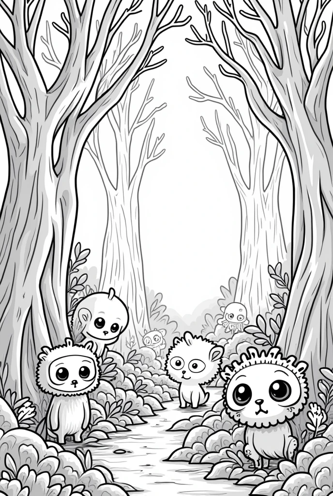 coloring book line art black and white with no shading or fill, cute spooky forest with glowing eyes, cartoon style