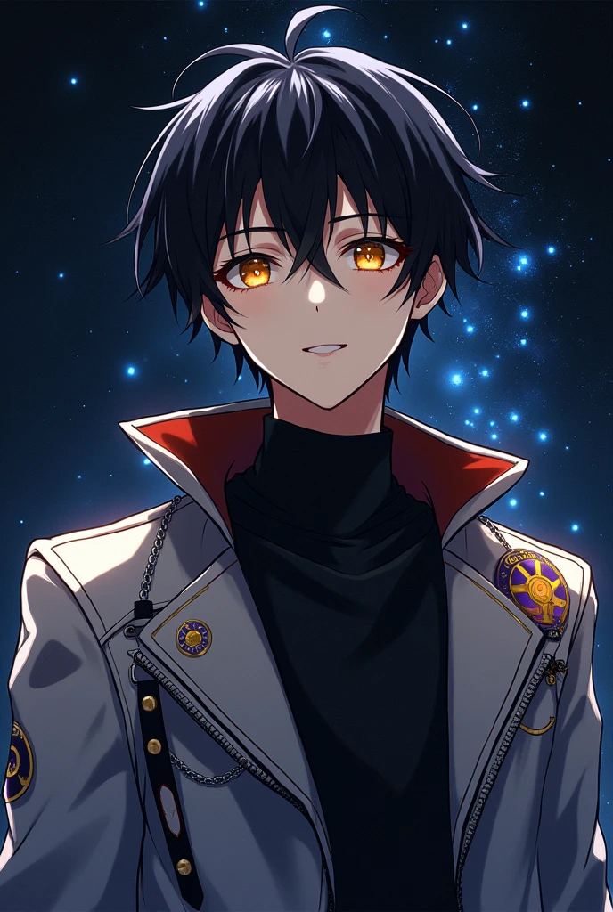 anime boy with black hair, white skin, and space themed jacket in it black void with stars, golden eyes, black shirt