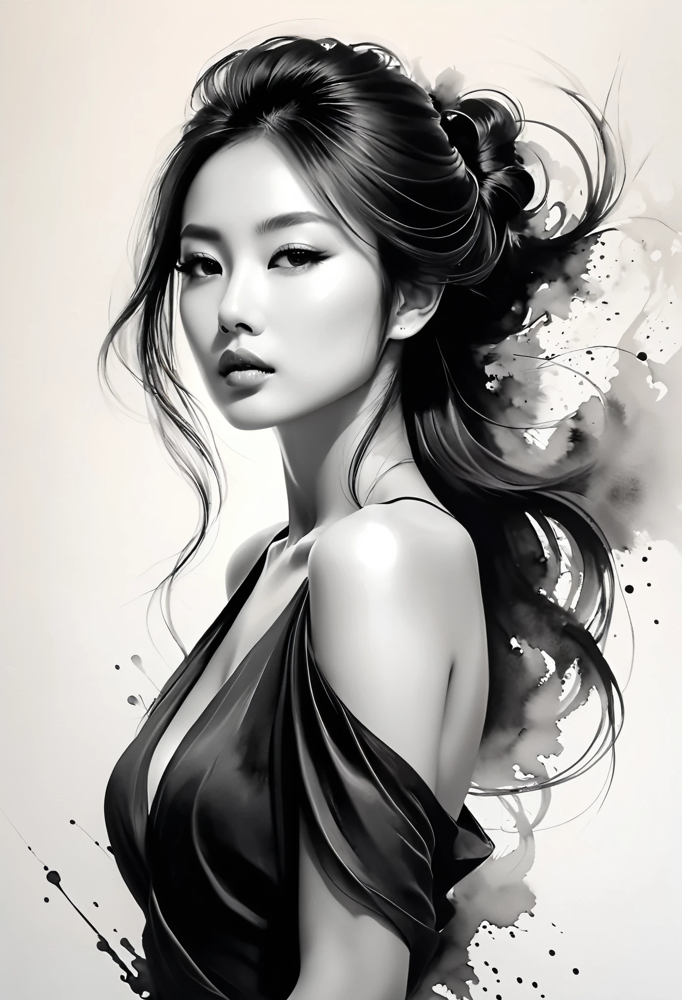 Kizi,ink painting,soft brushstrokes,Draw delicate lines with a pen,Fluid action,Subtle ink tones,elegant posture,calm look,delicate features,black andwhite,to clean
