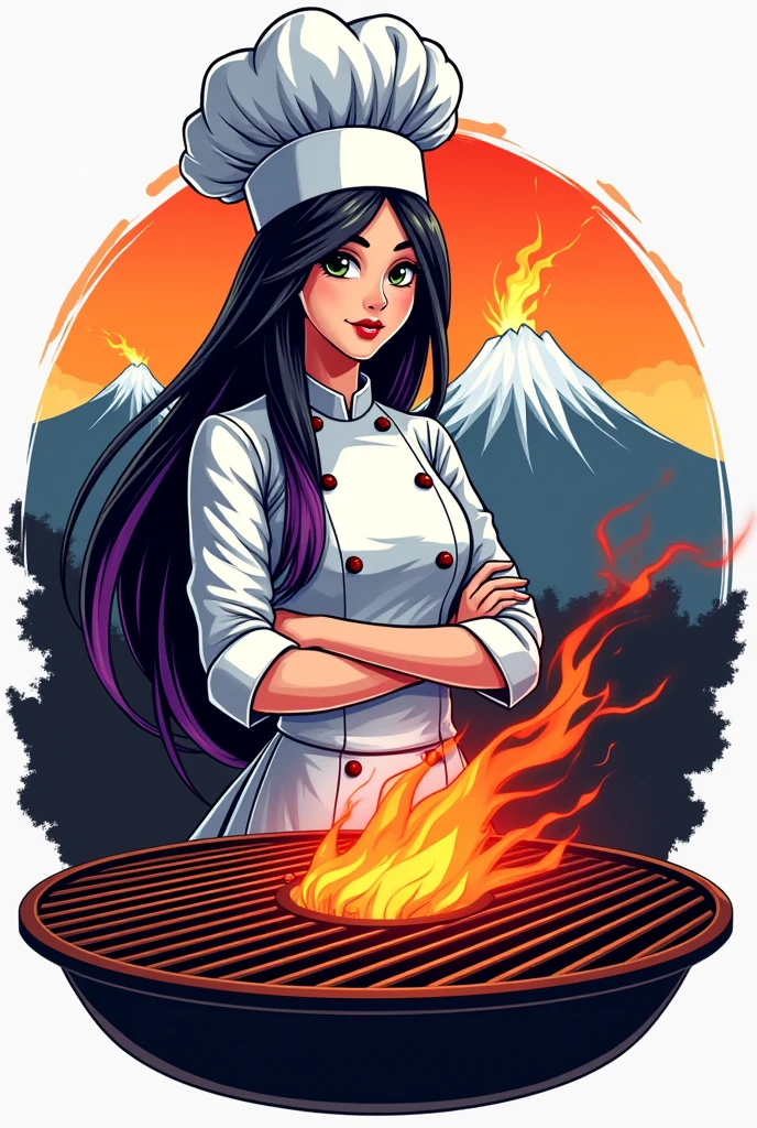 Could you please create a logo for a fast food restaurant like homemade hamburgers with a white female chef with black hair and purple streaks, a volcano and a grill with the name El Volcán de Sabores written on it?