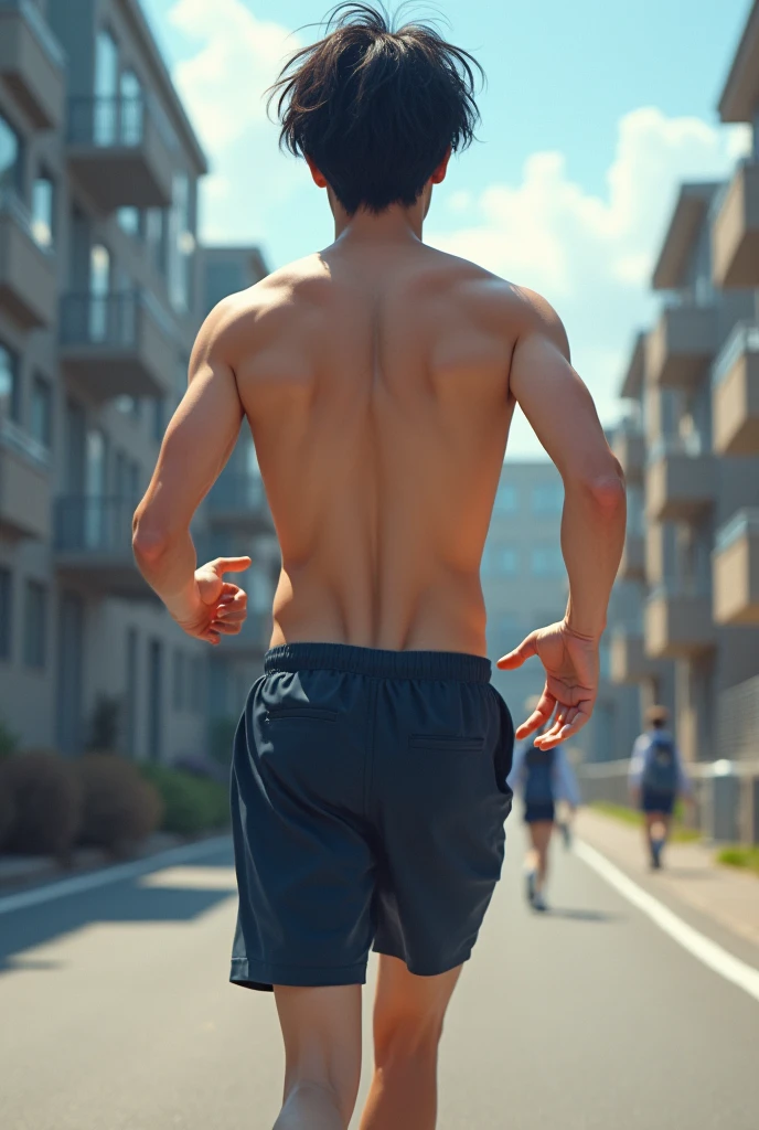 1boy、Cute, handsome, 1 man、Japanese male, 、handsome man、Mash Hair、Completely naked、Full nudity、erection、Huge penis、Highest quality、Realistic、beautiful、Sad look、Photorealism、Running in the schoolyard、A student in uniform with a smartphone follows behind.、完全Completely naked、Back view、Full nudity
