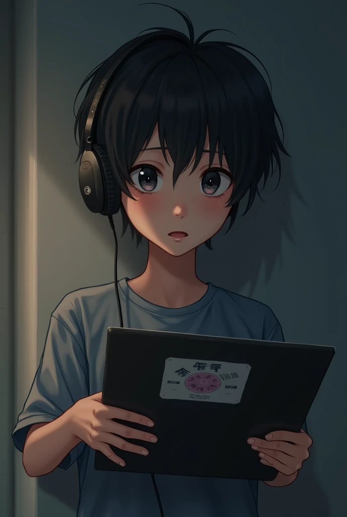 Korean boy crying, using headset,Realistic anime, holding vinyl record .