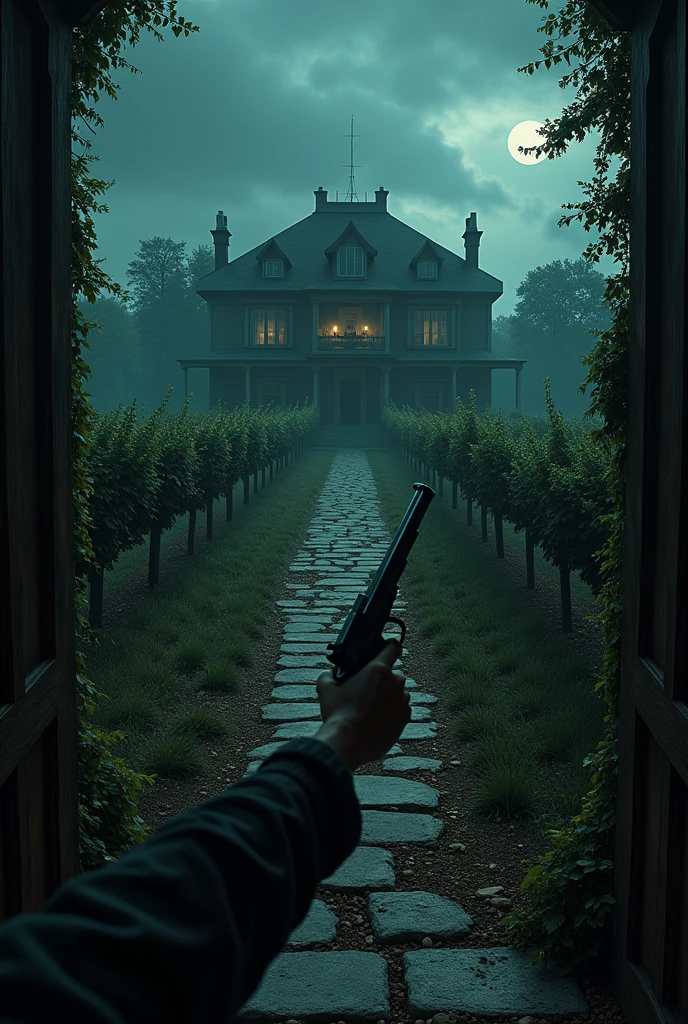 outside an abandoned mansion, FIRST PERSON PERSPECTIVE only one arm appears with a pistol, garden with vineyards, as you walk you find a fruit banquet on a table, night weather 