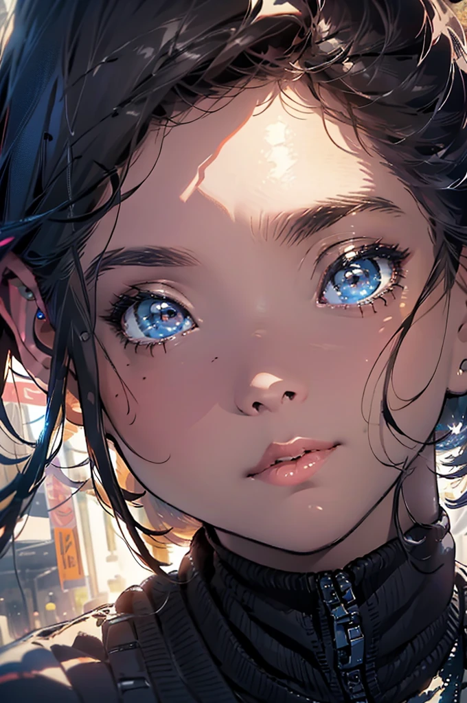 A close-up of a woman in a black and blue dress, Highly detailed 4k digital art, Detailed 4K digital art, 4k realistic digital art, 4k realistic digital art, awesome digital illustration, portrait beautiful science fiction girl, portrait of a science fiction woman, 4k digital artwork, The portrait of the cyberpunk girl, beautiful cyberpunk girl face, epic portrait illustration