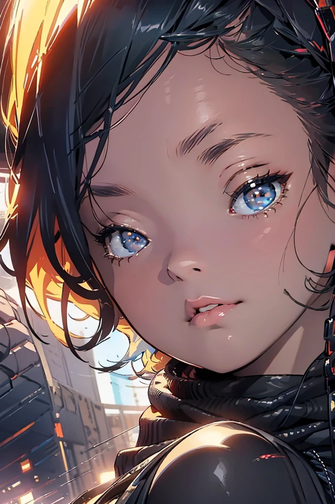A close-up of a woman in a black and blue dress, Highly detailed 4k digital art, Detailed 4K digital art, 4k realistic digital art, 4k realistic digital art, awesome digital illustration, portrait beautiful science fiction girl, portrait of a science fiction woman, 4k digital artwork, The portrait of the cyberpunk girl, beautiful cyberpunk girl face, epic portrait illustration  