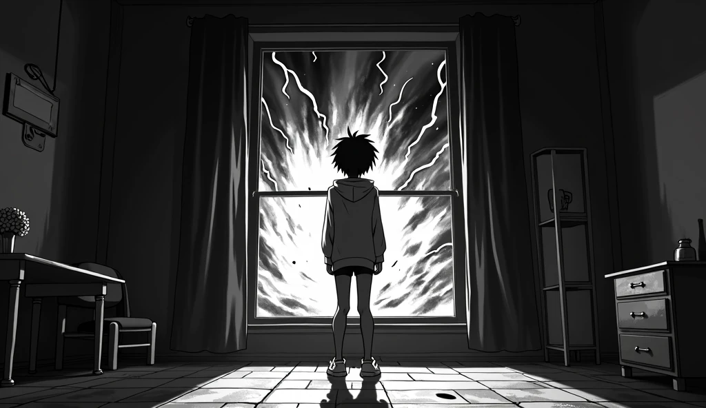 an anime-style black and white image of a character standing in the center of his room watching an anxiety storm come through the window. an extremely immersive image full of detail and high contrast