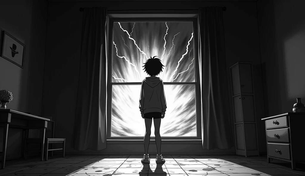 an anime-style black and white image of a character standing in the center of his room watching an anxiety storm come through the window. an extremely immersive image full of detail and high contrast