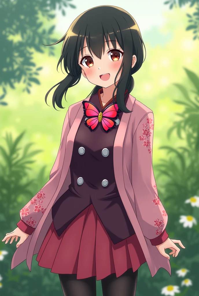 Anime style age girl, She has black hair tied back in a low ponytail and has a large red and pink butterfly-shaped brooch on., Her outfit is from the Kimetsu no Yaida universe., that is to say, a very dark pink long-sleeved shirt with several gray buttons and a dark pink skirt, She also wears a pink haori with a pink and red flower print., and wears long black stockings. She smiles happily and the background is a meadow