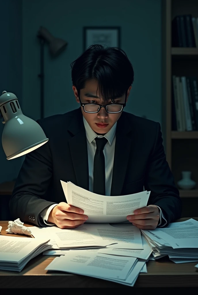 Jeon Jungkook do BTS, in a dark office, with glasses and paperwork on the table, he is holding some paperwork in his hands 