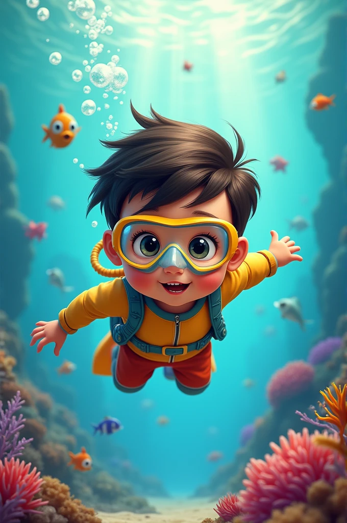 Disney Pixar poster, baby boy, with dark brown hair parted on the side, gray-green eyes, diving with scuba diving apparatus, full body image.