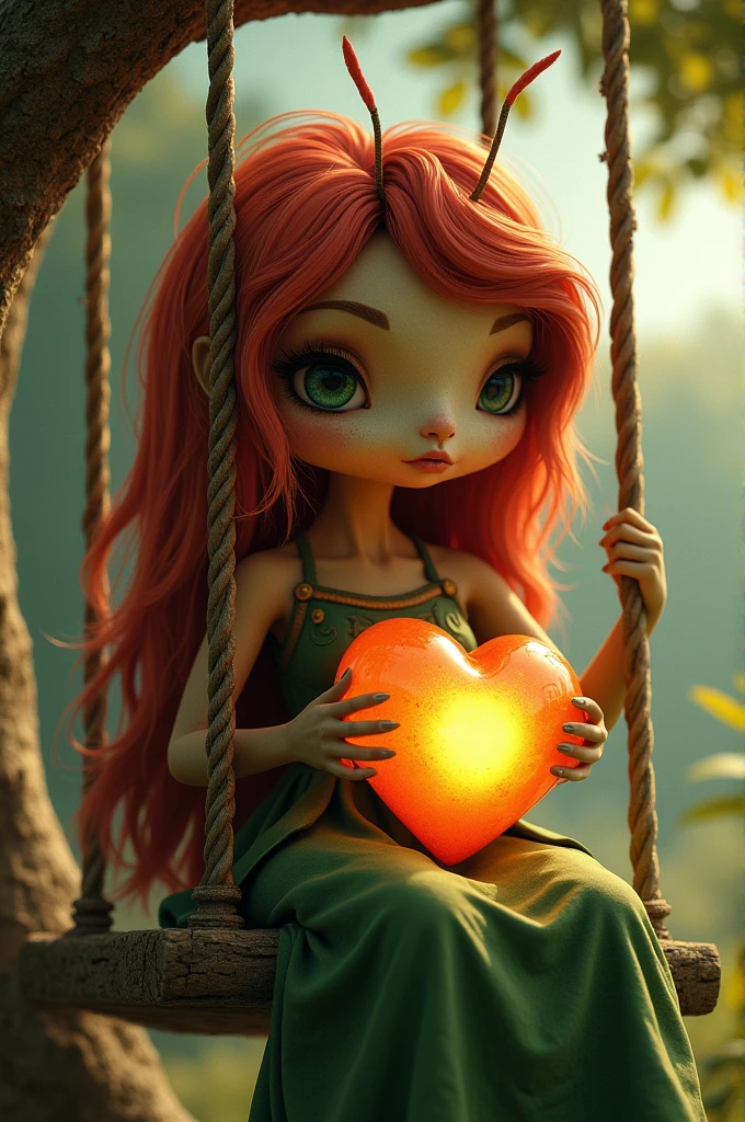 ((best quality)), ((masterpiece)), (detailed), Create a detailed image of a humanoid woman with a human body, but with a brown texture similar to that of a cricket and a distinctly cricket-like face, with large eyes and facial features typical of a cricket, like antennas. She wears a big, straight red wig., disproportionately larger than his body, that floats in the wind. Her dress is green with various shades and patterns.. She is sitting on a swing hanging from a tree, with a perspective that shows the scene in a way that keeps the woman at a distance, but still visible. She holds a big shiny heart in her lap, that emits an intense glow like that of a light bulb. The background should represent a natural environment, detailing the tree and swing in a serene setting.