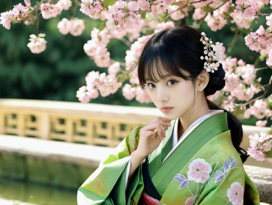 green base, Cute angry face, Pun Pun, 最high quality、high quality、Best image quality、8k、最High resolution、High resolution、temple, Realistic photos, Healthy body, Beautiful Eyes, Flowing black hair, Colorful kimono, Calm expression, Soft lighting, Traditional Japanese art style, Vibrant colors, Peaceful atmosphere, Delicate features, Graceful posture, Beautiful Landscape