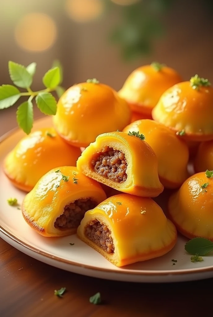 a delicious savory yuca pastry, oval-shaped yuca pastries filled with meat, yellow yuca pastries, yuca pastries called "yucasteles", a beautiful and eye-catching logo, detailed illustration, photorealistic, 4k, high resolution, vibrant colors, soft lighting, appetizing, elegant, masterpiece