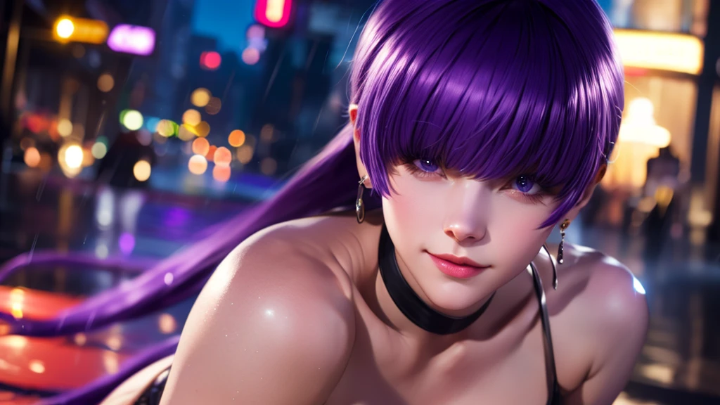 (at night), alone, in a video game scene a background of a beautiful city during the day raining, standing at attention, purple hair, ((purple hair)), 1 girl, alone, 20 years old, young woman, perfect hands , beautiful and perfect symmetrical fingers, beautiful long legs, perfect legs, beautiful body, beautiful nose, beautiful character design, perfect face, look at the viewer (focusing on the entire character), closed mouth, Light_Smile, official art, wallpaper Extremely detailed CG unity 8k, perfect lighting, bright and colorful front lighting, glowing skin (masterpiece: 1.0), (best quality: 1.0), ultra high resolution, 4K, ultra detailed photography, 8K, HDR, high resolution, nonsense: 1.2, Kodak portra 400, film grain, blurred background, bokeh: 1.2, lens flare, (vibrant_color: 1.2), professional photography, (beautiful_face: 1.5), (narrow waist),
