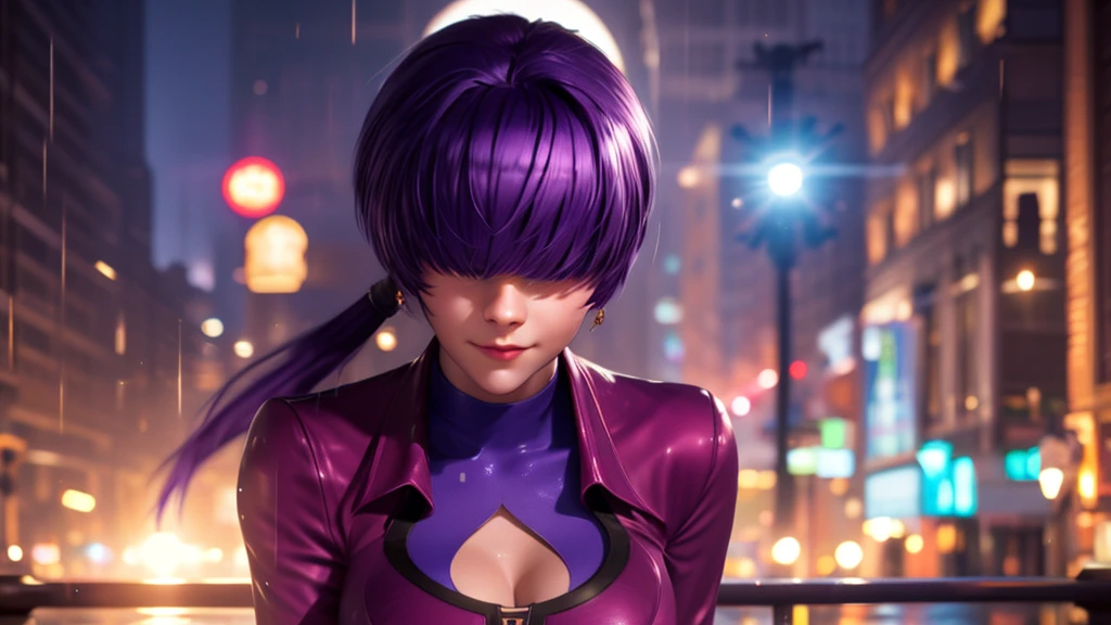 (at night), alone, in a video game scene, a background of a beautiful city during the day raining, standing at attention, purple hair, pink clothes ((purple hair)), 1 girl, alone, 20 years old, woman young, perfect and beautiful hands with perfect fingers, beautiful long legs, perfect legs, beautiful body, beautiful nose, beautiful character design, perfect face, looks at the viewer (focusing on the entire character), closed mouth, Light_Smile, official art, extremely detailed 8k CG wallpaper unit, perfect lighting, bright and colorful front lighting, glowing skin (masterpiece: 1.0), (best quality: 1.0), ultra high resolution, 4K, ultra detailed photography, 8K, HDR, high resolution, nonsense: 1.2, Kodak portra 400, film grain, blurred background, bokeh: 1.2, lens flare, (vibrant_color: 1.2), professional photography, (beautiful_face: 1.5), (narrow waist),
