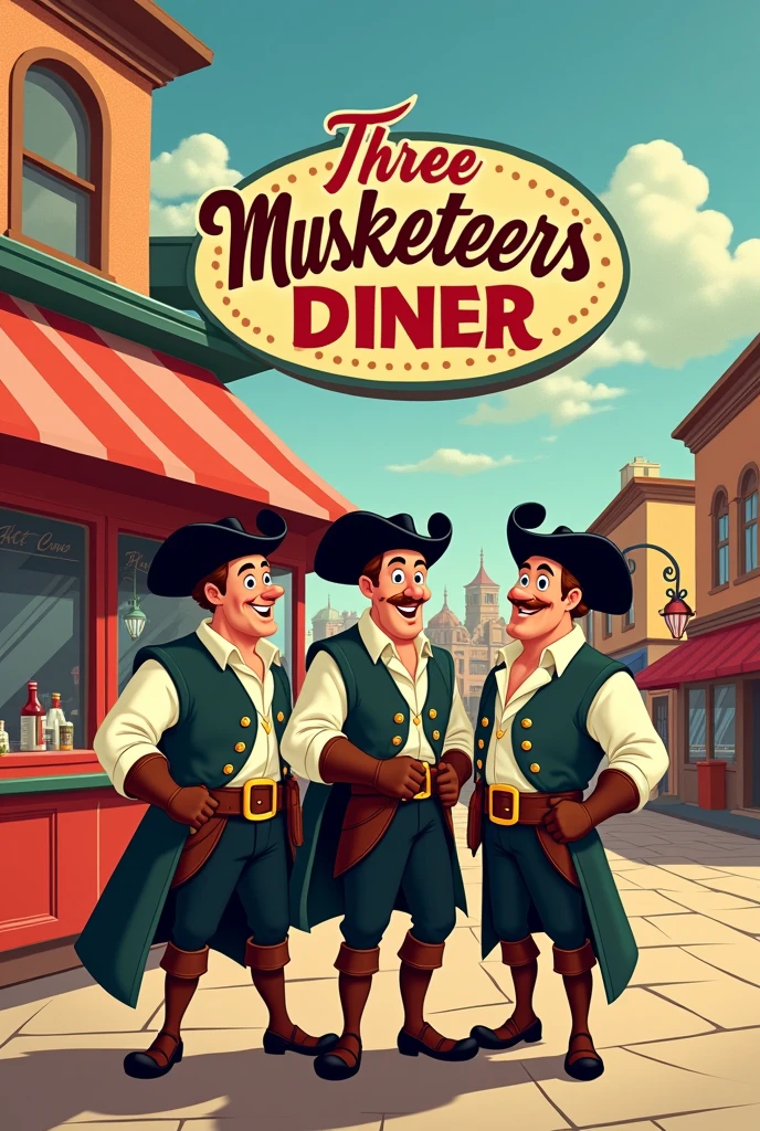 create a Disney cover with the words three musketeers diner and a menu with coke and mixed drinks