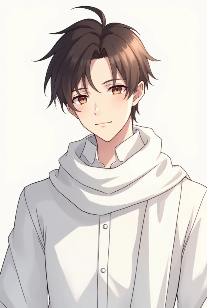 Make a picture of a person with brown hair wearing white clothes with a white scarf handsome anime adult who is straight and male who is a teenager