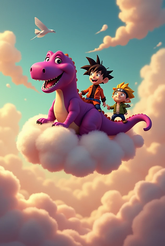 barney on top of goku&#39;s flying cloud, jake the western dragon with ben 10 watch and naruto with wavy hair
