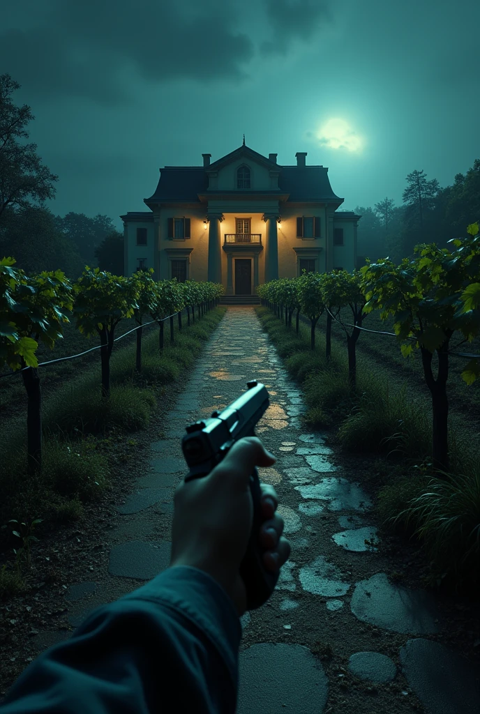 outside an abandoned mansion, FIRST PERSON PERSPECTIVE only one arm appears with a pistol, garden with vineyards, as you walk you find a fruit banquet on a table, night weather 