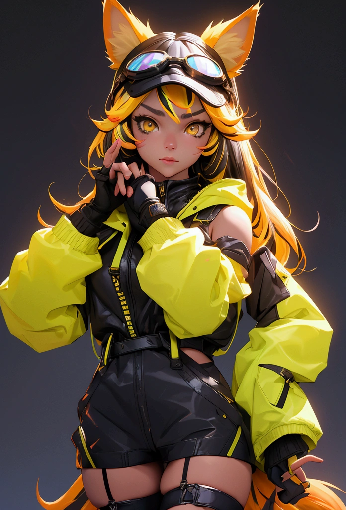 envision a 8k, highres, cinematic, beautiful close up portrait of a girl named Raora Panthera with animal ears, tail, yellow eyes, streaked hair, multicolored hair, goggles, hat, raora_main, open jacket, off shoulder, partially fingerless gloves, ring, thigh straps, thighhighs, against a dark background