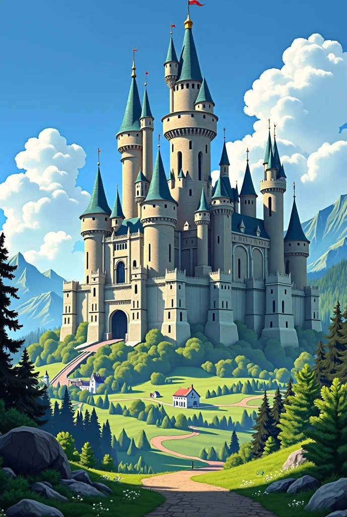 "Create an image of a majestic medieval kingdom on a sunny day. The focus should be on a large castle with tall, imposing towers, surrounded by lush green landscape and gentle hills. Add some fluffy clouds to the blue sky for a touch of realism."
image horizontally