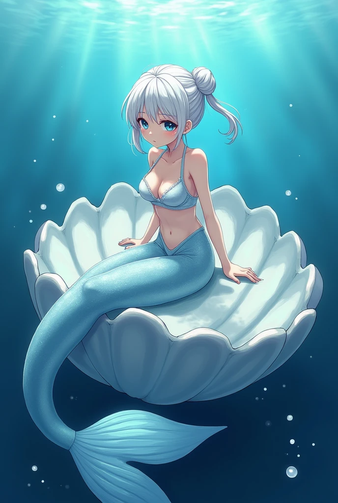 A mermaid in white hair with a bun, sitting on a big clam, and that it be in blue tones, anime version drawn with strokes, with separate tail and bra, with a pearl in hand
