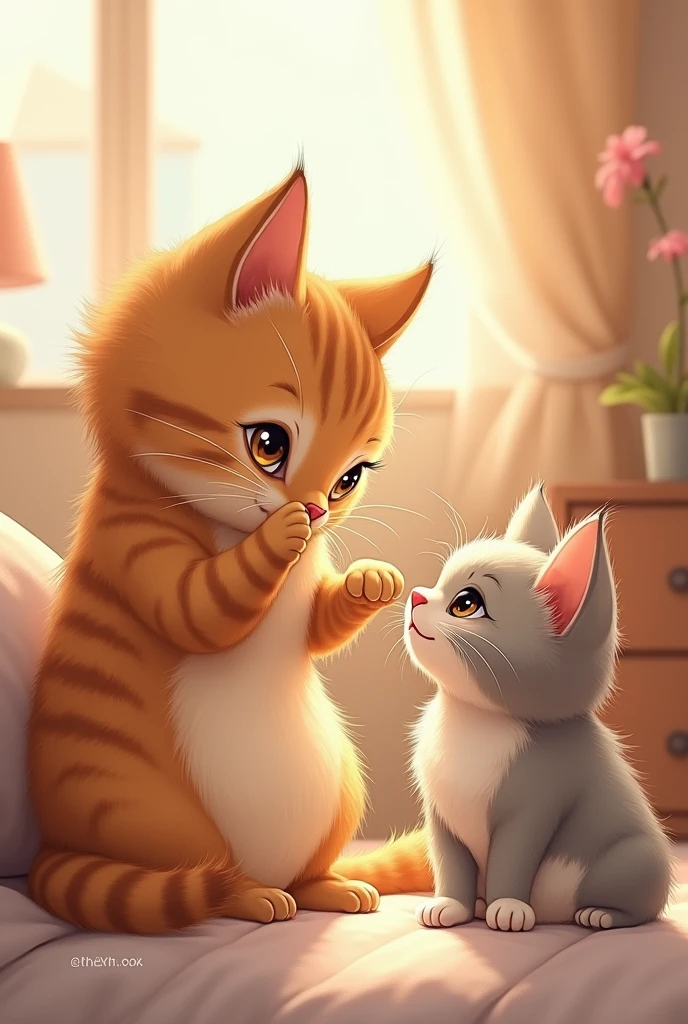 Cute cat covering its mouth with its paw looking at each other in a flirtatious way