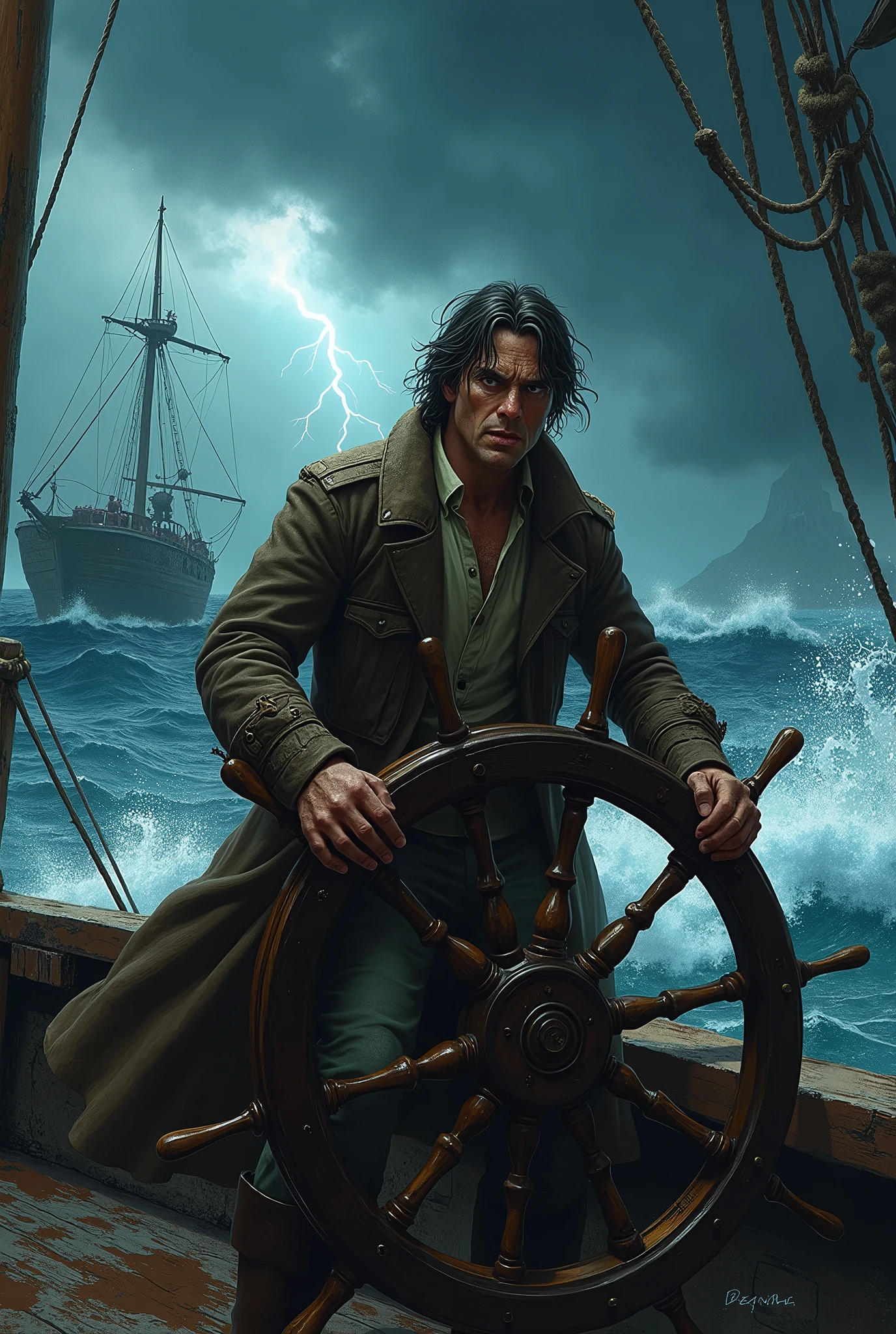 A tense scene aboard a weathered ship, where a frightened captain stands at the helm, gripping the ship's wheel with trembling hands. His wide eyes reveal fear as he navigates through a stormy sea. The wind howls, and the dark, turbulent waves crash against the ship, splashing water onto the deck. The sky above is filled with ominous clouds, and lightning flashes in the distance, casting brief, eerie light on the captain's distressed face. His worn, tattered coat flutters in the fierce wind, capturing the chaos and desperation of the moment.